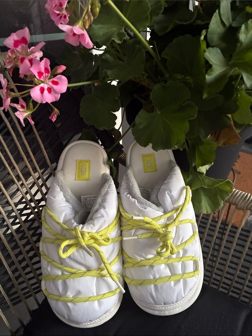 UGG White Slip-On Quilted Platforms with Yellow Laces